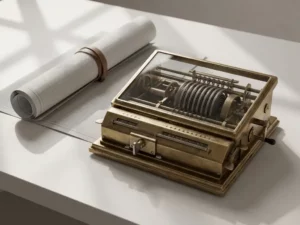 Brass calculator with visible spring mechanism sits beside rolled technical blueprint on white desk with geometric shadows