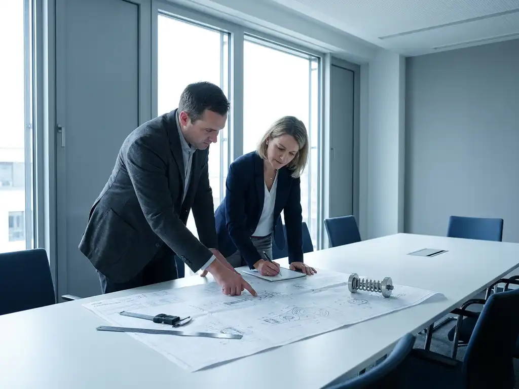 Two engineers in business attire reviewing technical blueprints at conference table with measuring tools and spring prototype nearby