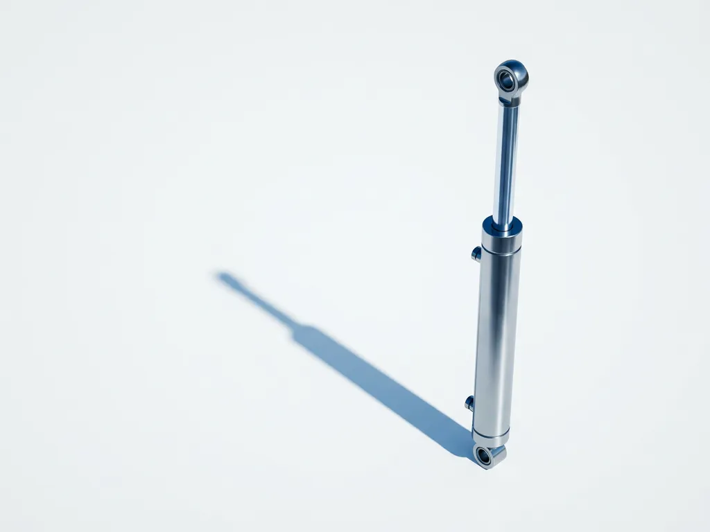 Polished steel hydraulic cylinder with chrome piston rod partially extended on white surface, casting geometric shadow