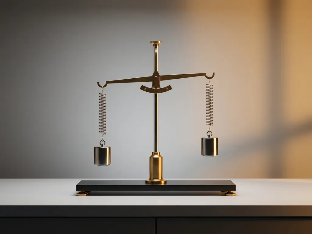 Brass mechanical scale with metallic weights in elegant equilibrium on white surface, warm lighting highlighting polished components