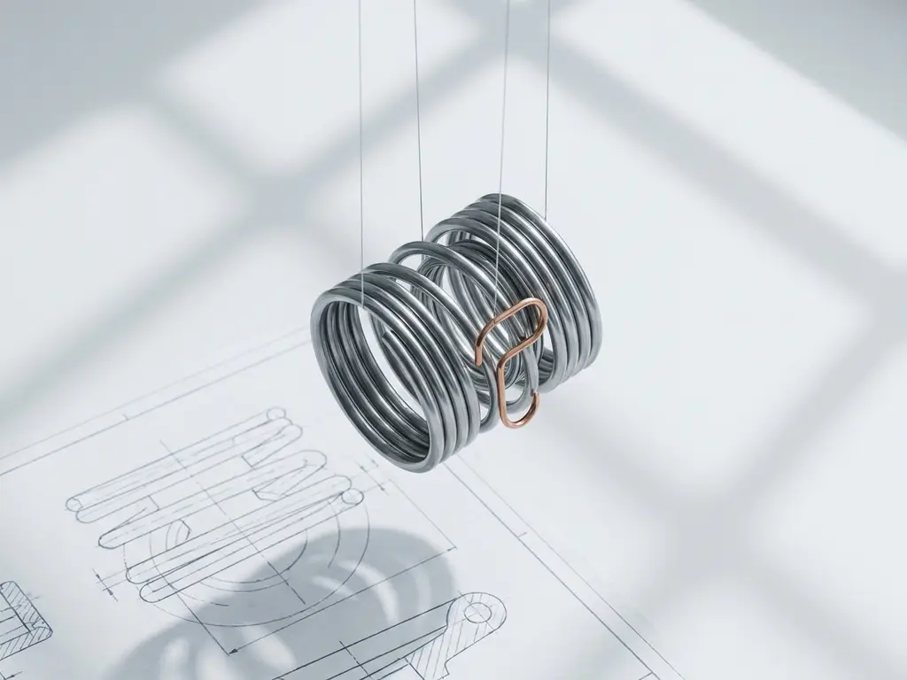 Polished steel spring mechanism suspended above white engineering workbench with technical drawing and copper accent detail