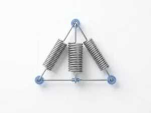 Three interconnected mechanical springs in balanced symmetry, one compressed and one extended, showing energy transfer on white background with geometric grid lines.