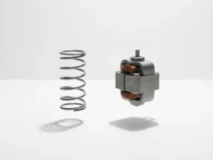 Metallic spring and compact electric motor suspended in white space with geometric shadows
