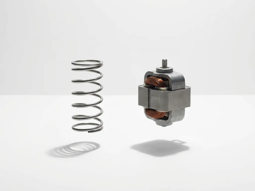 Metallic spring and compact electric motor suspended in white space with geometric shadows