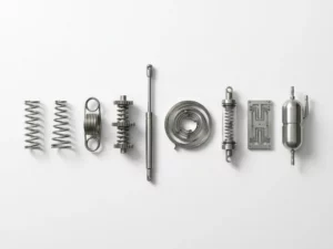 Nine metallic springs arranged in ascending complexity from simple coil to advanced micro-hydraulic mechanism on white surface