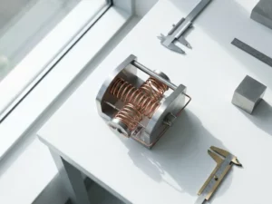 Precision metal spring mechanism with copper coils in compression on white laboratory workbench with measuring calipers