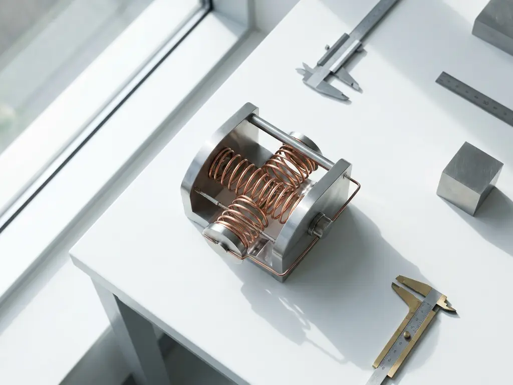 Precision metal spring mechanism with copper coils in compression on white laboratory workbench with measuring calipers