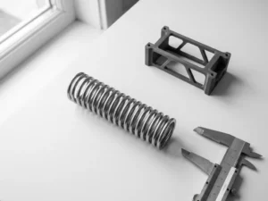 Precision-engineered spring mechanism with aligned coils on white workbench beside metal calipers and geometric prototype frame