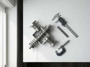 Precision steel spring mechanism with geometric mounting brackets on white engineering desk, calipers and measurement tools nearby