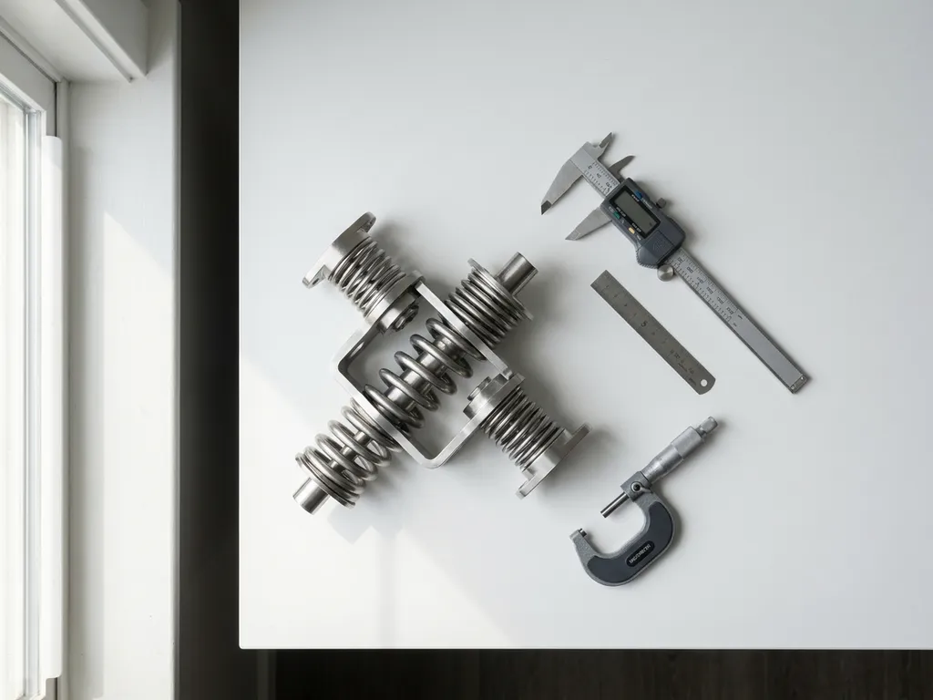 Precision steel spring mechanism with geometric mounting brackets on white engineering desk, calipers and measurement tools nearby