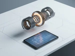 Precision-engineered spring mechanism with interlocking metallic coils, one glowing amber, suspended above tablet displaying technical blueprints on geometric grid workspace