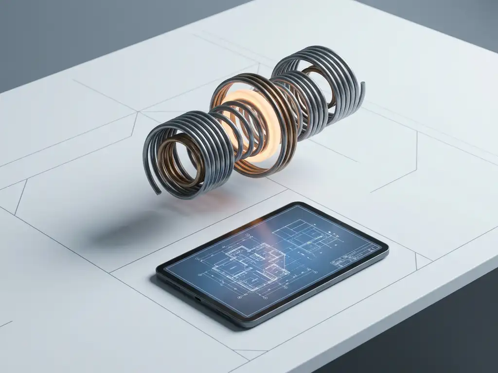 Precision-engineered spring mechanism with interlocking metallic coils, one glowing amber, suspended above tablet displaying technical blueprints on geometric grid workspace