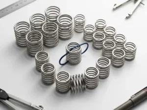 Precision steel spring coils arranged geometrically on white surface with drafting tools, one spring compressed showing mechanical tension