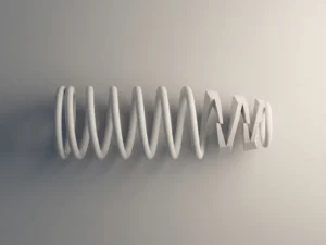 White coil spring transitioning into geometric flexure beam against gradient background, overhead view showing helical curves flowing into angular precision