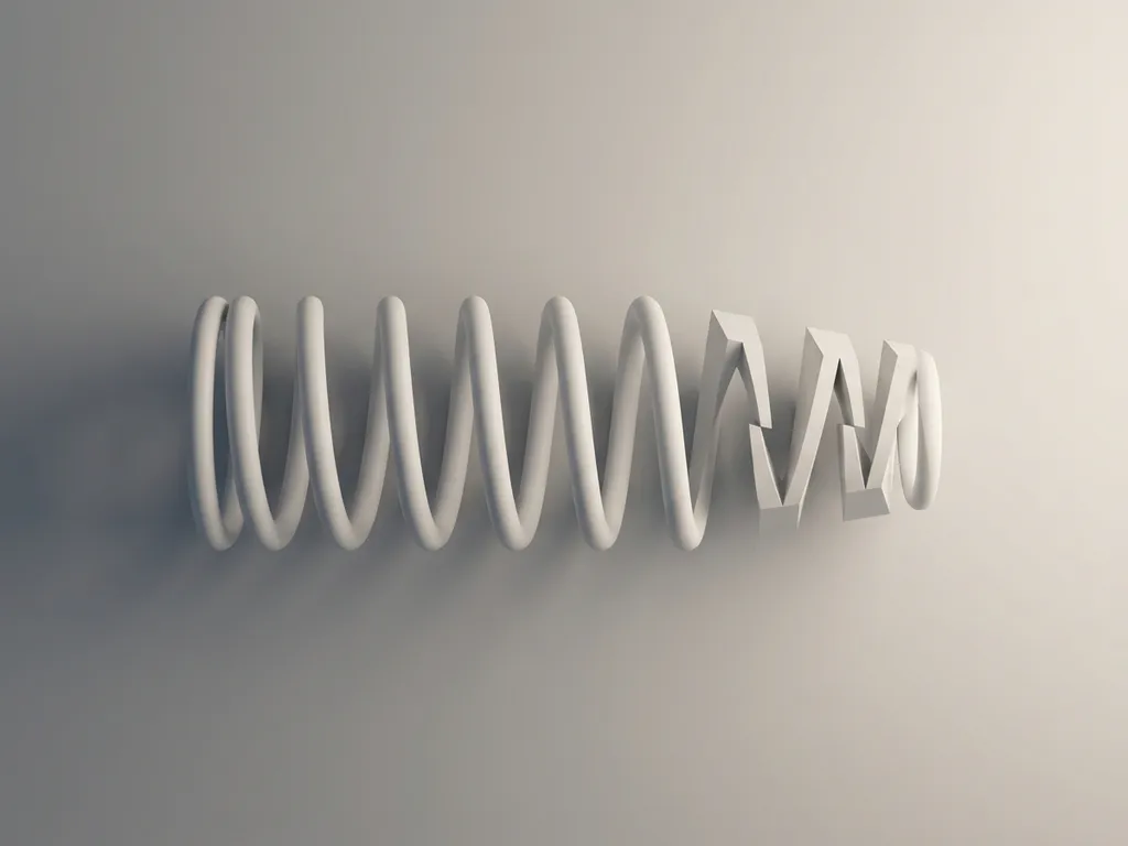 White coil spring transitioning into geometric flexure beam against gradient background, overhead view showing helical curves flowing into angular precision