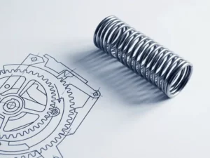 Precision metal spring mechanism beside geometric blueprint outline on white surface with soft shadows