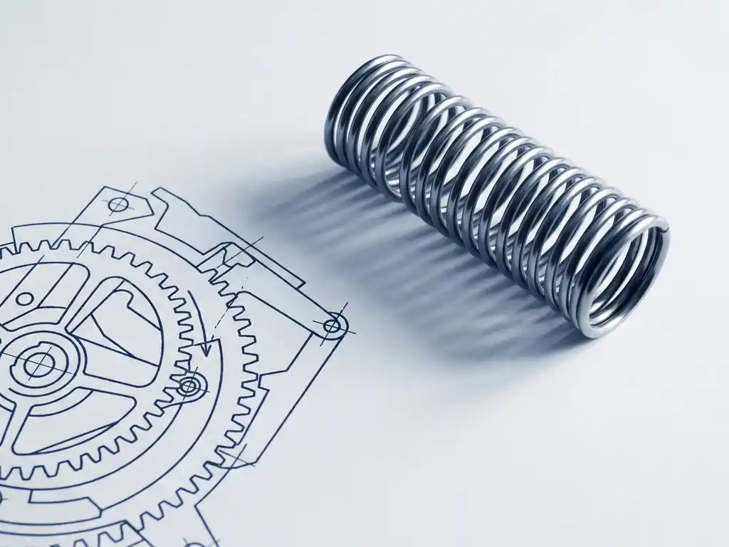 Precision metal spring mechanism beside geometric blueprint outline on white surface with soft shadows