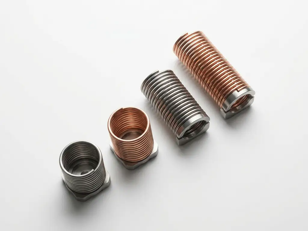 Four precision-engineered spring coils in ascending heights arranged on white surface, representing development phases in steel gray and copper tones.