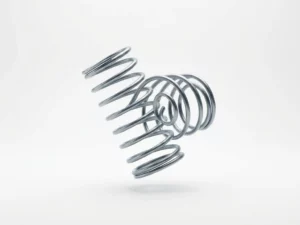 Elegant spring mechanism with coils transforming into flowing geometric curves, floating in white space with steel gray finish