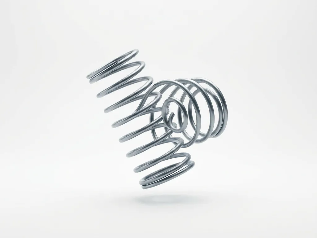 Elegant spring mechanism with coils transforming into flowing geometric curves, floating in white space with steel gray finish