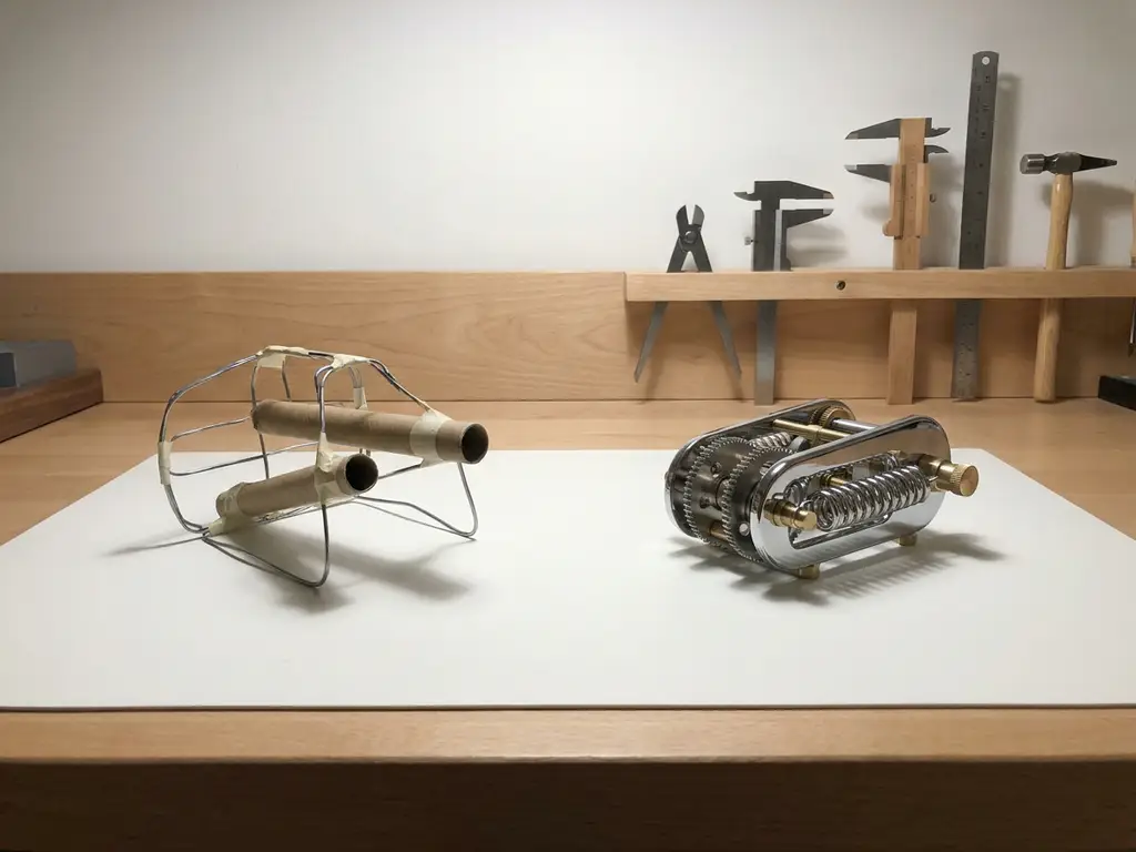 Wooden workbench with cardboard wire prototype and polished chrome spring mechanism casting shadows on white surface