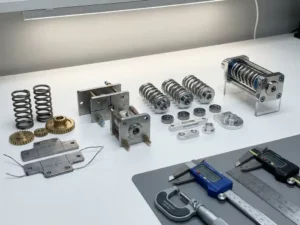 Spring mechanism components arranged from rough prototype to polished assembly on white engineering workbench with calipers and measurement tools