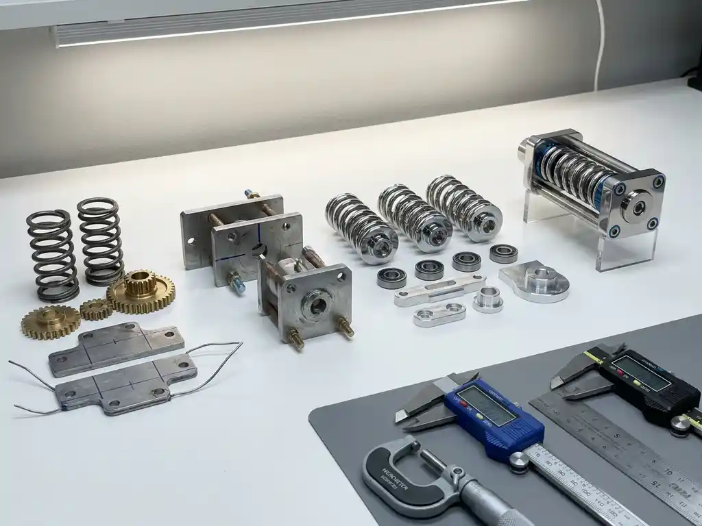 Spring mechanism components arranged from rough prototype to polished assembly on white engineering workbench with calipers and measurement tools
