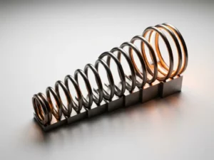 Mechanical spring system with nine graduated coils arranged like staircase steps, each glowing with progressively brighter amber light on white laboratory surface