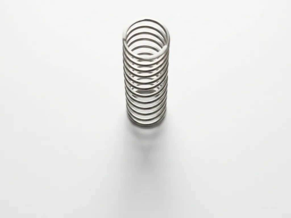 Polished steel spring suspended vertically above white surface, creating geometric coil patterns and soft shadow in minimalist composition