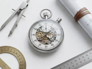 Precision mechanical stopwatch with exposed gears and springs on white engineering desk surrounded by drafting tools and blueprint