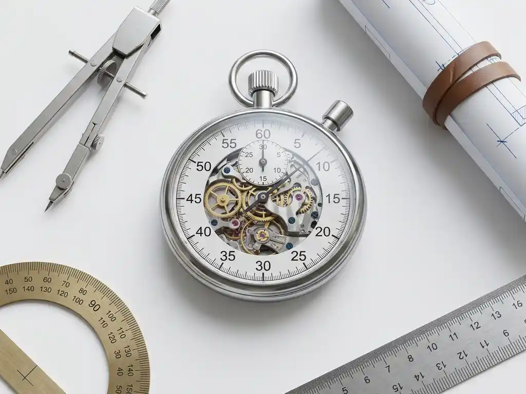 Precision mechanical stopwatch with exposed gears and springs on white engineering desk surrounded by drafting tools and blueprint