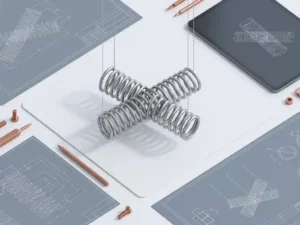 Precision titanium spring mechanism suspended above white workspace with technical blueprints and digital tablet in monochromatic styling