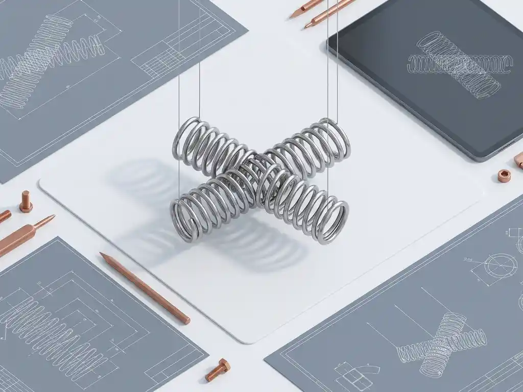 Precision titanium spring mechanism suspended above white workspace with technical blueprints and digital tablet in monochromatic styling