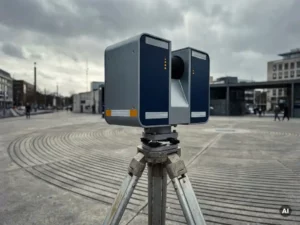 Precision acoustic sensor array on a metal tripod outdoors, with concentric sound-wave patterns etched into surrounding urban concrete below a hazy sky.