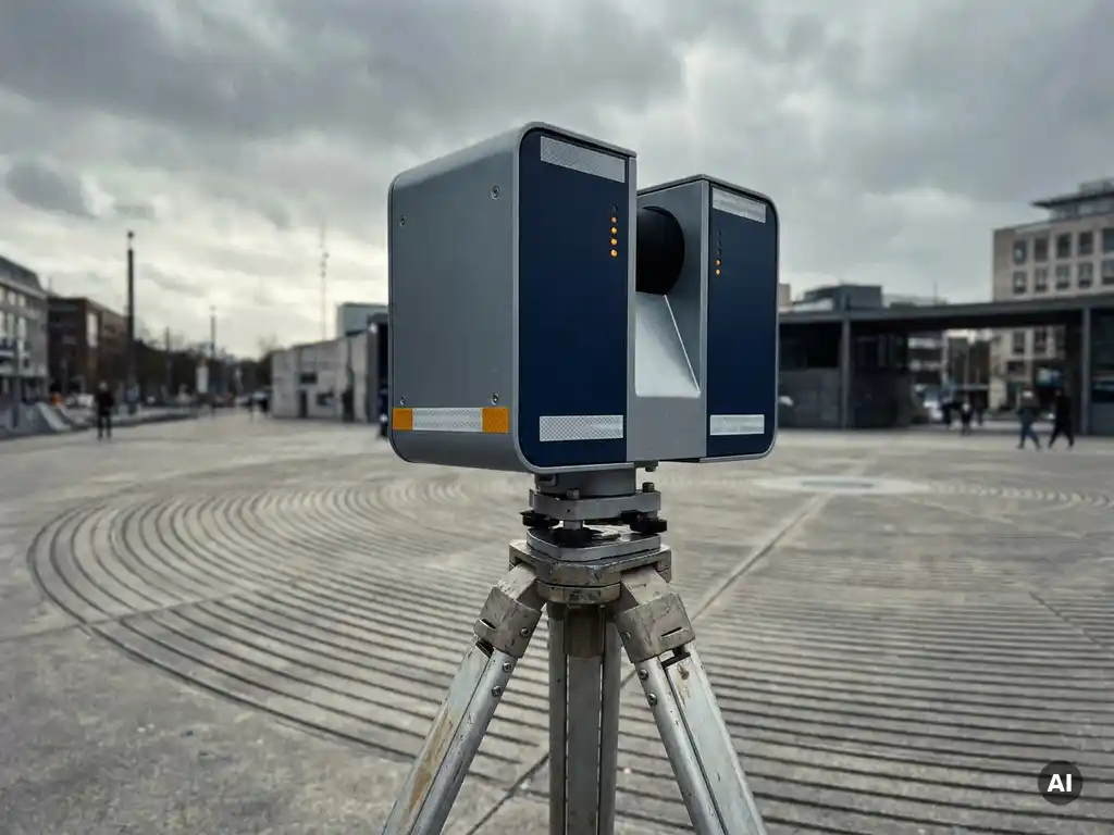 Precision acoustic sensor array on a metal tripod outdoors, with concentric sound-wave patterns etched into surrounding urban concrete below a hazy sky.