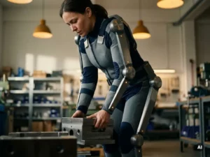 Worker in a body-worn exoskeleton suit performing an industrial task, joint sensors visible, lit by warm amber workshop lighting.