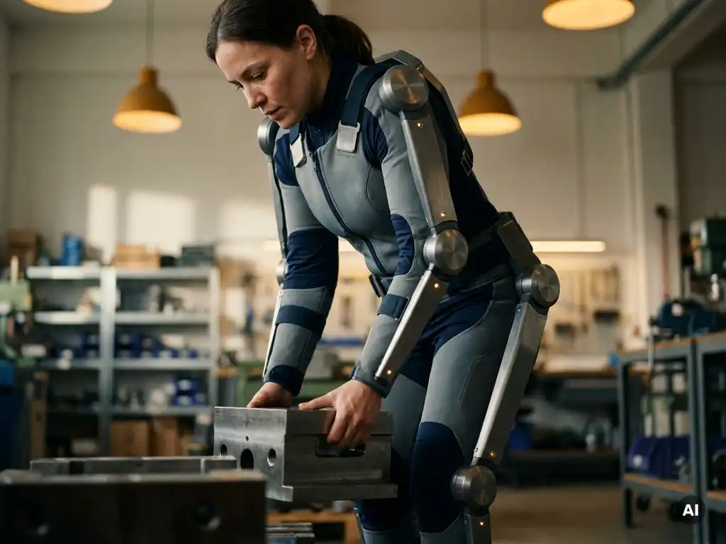 Worker in a body-worn exoskeleton suit performing an industrial task, joint sensors visible, lit by warm amber workshop lighting.