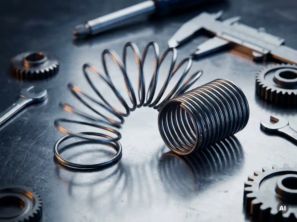 Precision mechanical spring mid-coil release on polished steel workbench, compressed one side and fully extended the other, studio lighting.