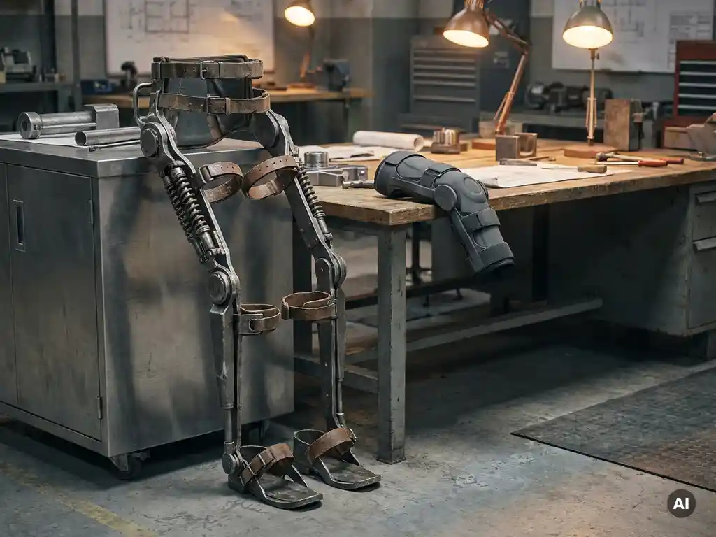 Military-grade leg exoskeleton with spring mechanisms beside a passive knee brace on an engineering lab workbench.