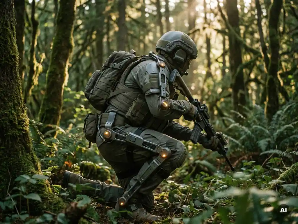 Soldier in tactical gear wearing a military exoskeleton crouching in a dense forest, sensor nodes visible at joints, olive and gunmetal tones.