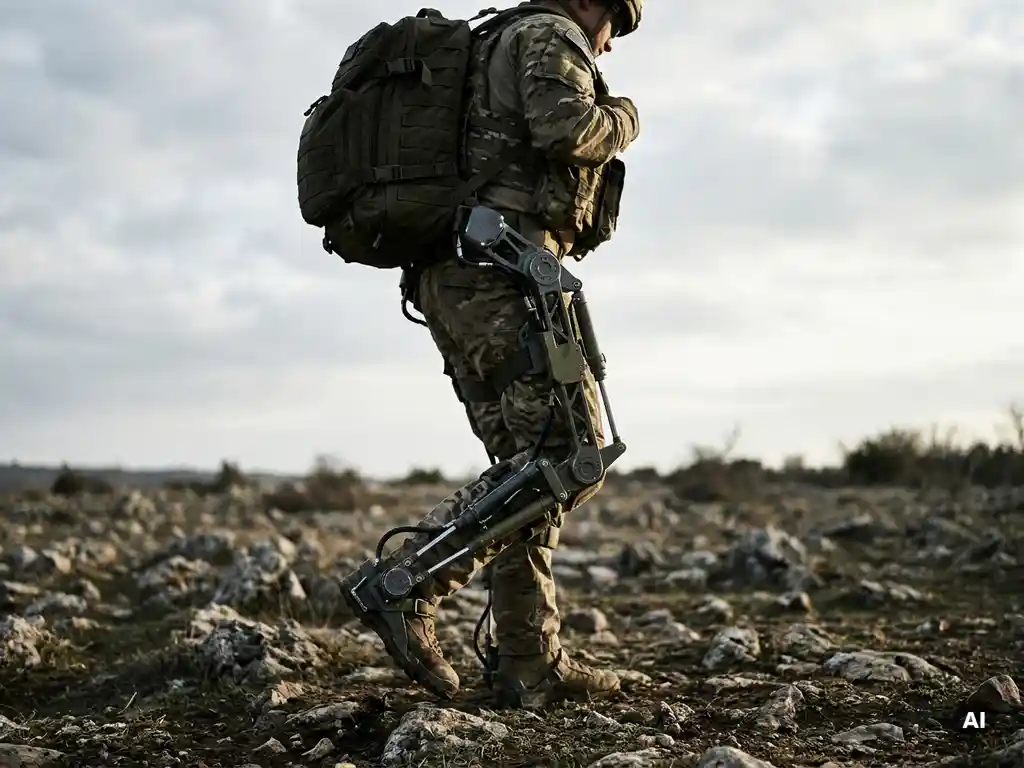 Soldier in military exoskeleton leg brace striding across rugged terrain while carrying heavy tactical pack, dramatic side lighting on matte olive and gunmetal frame.