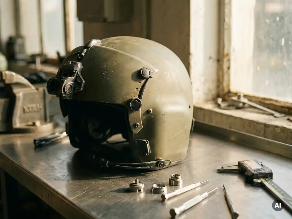 Military helmet with advanced sensor array on brushed-metal workbench, surrounded by precision calibration tools in warm amber workshop light.