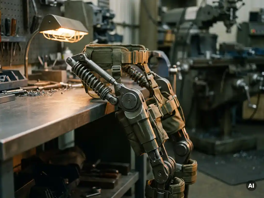 Military-grade leg exoskeleton with coiled spring mechanisms and articulated joints in olive drab and gunmetal grey, photographed in an industrial workshop.