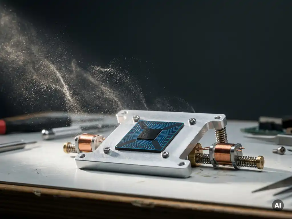 Neuromorphic chip on aluminum bracket surrounded by acoustic sensor arrays and coiled springs, metallic dust particles suspended in dramatic blue side lighting.