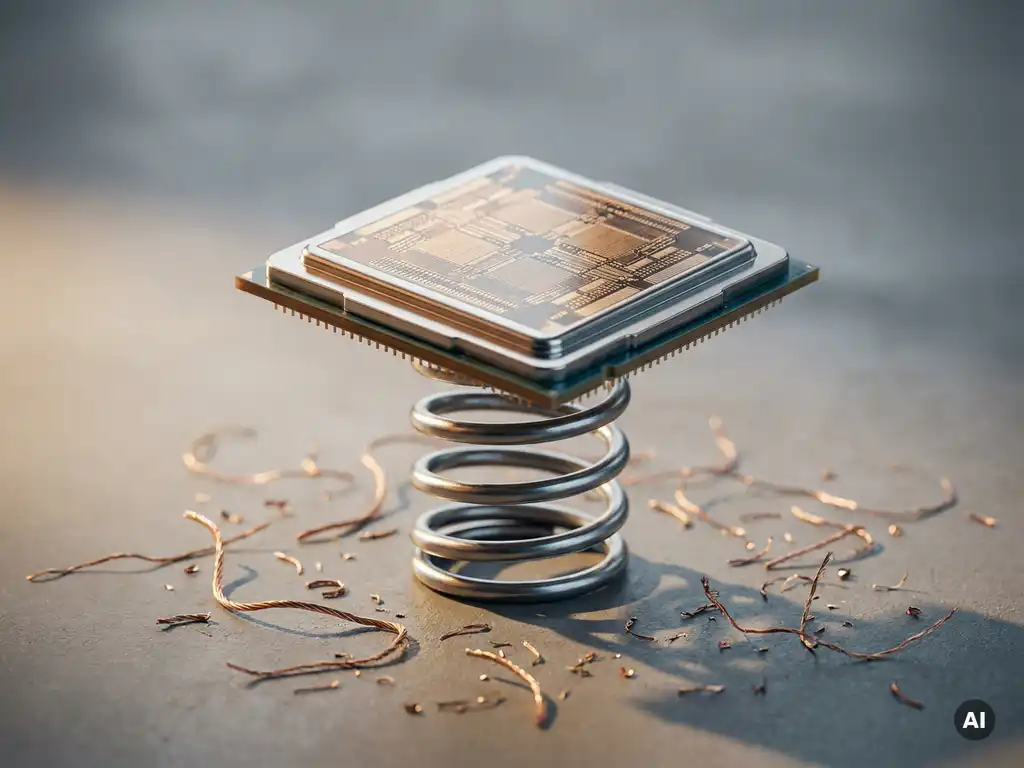 Polished neuromorphic chip balanced on a steel spring coil, surrounded by copper wire filaments on a matte grey lab surface.