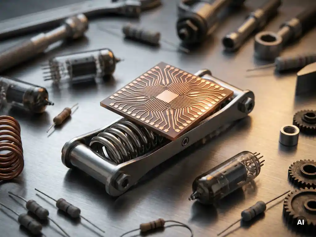 Neuromorphic chip balanced on a precision spring mechanism, copper traces catching warm light against scattered sensor components on a steel workbench.