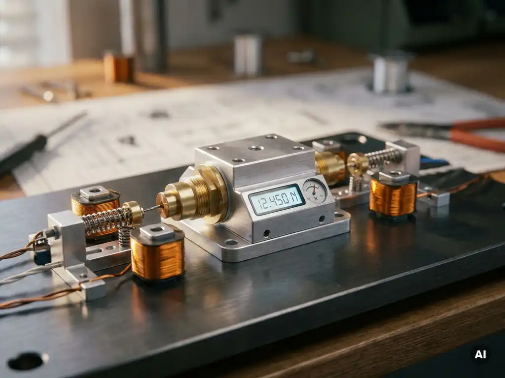 Precision mechanical sensor with copper coils and spring mechanisms on an engineering workbench, macro shot with shallow depth of field.