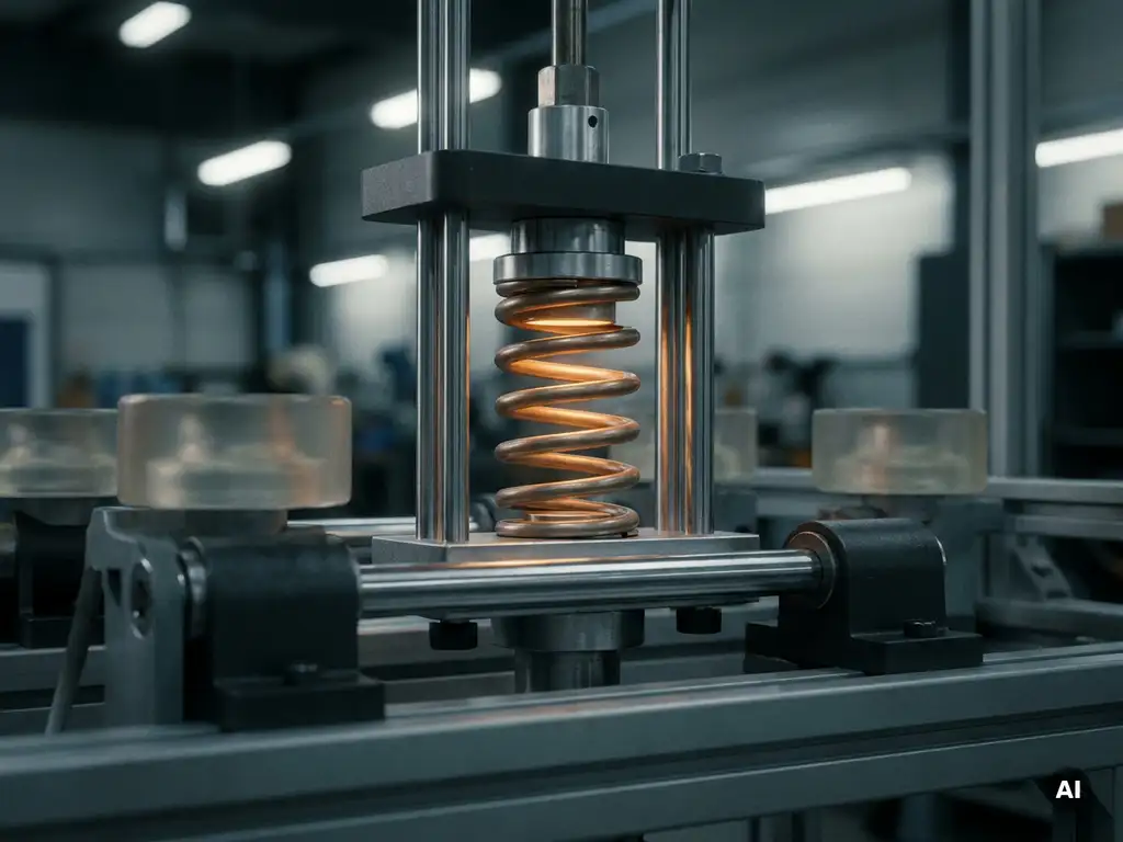 Precision coiled spring glowing amber inside a mechanical test rig with vibration dampeners and silver components under soft workshop lighting.