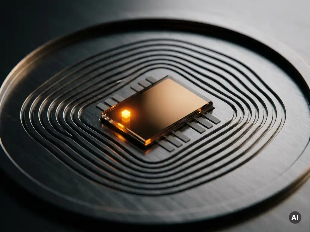 Polished silicon chip on brushed steel surface with sound wave grooves etched around it, glowing amber node among grey contacts in dramatic side-lighting.