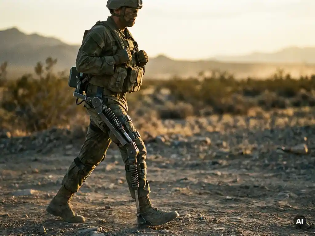 Soldier in combat gear wearing a leg exoskeleton with visible spring joints, striding over rugged terrain in golden-hour light.